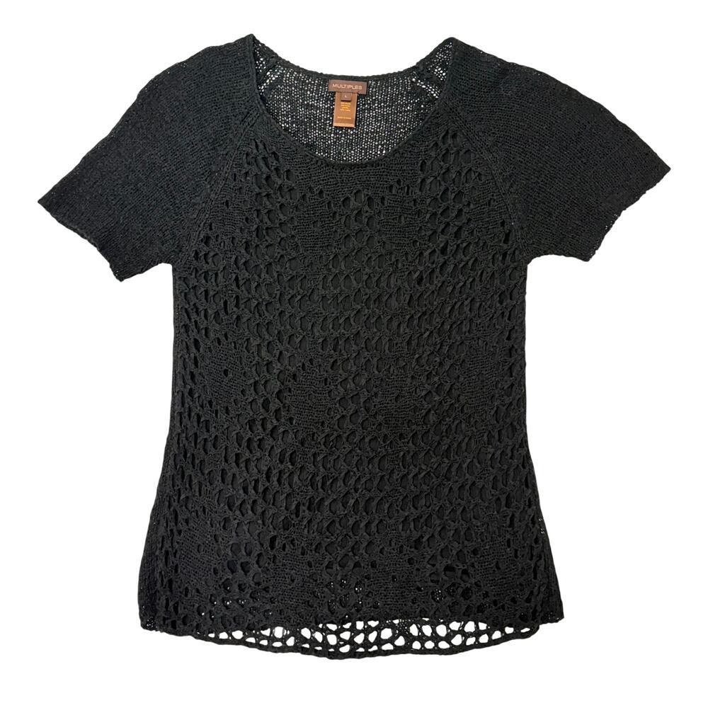 Multiples Black Crochet Knit Short Sleeve Sweater Top Women’s Large Boho
